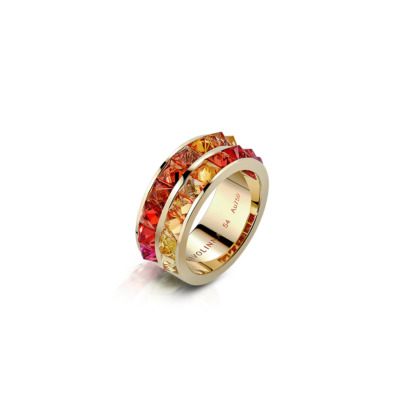 Double row eternity band ring featuring ombre sapphires in shades of red and yellow set in gold.