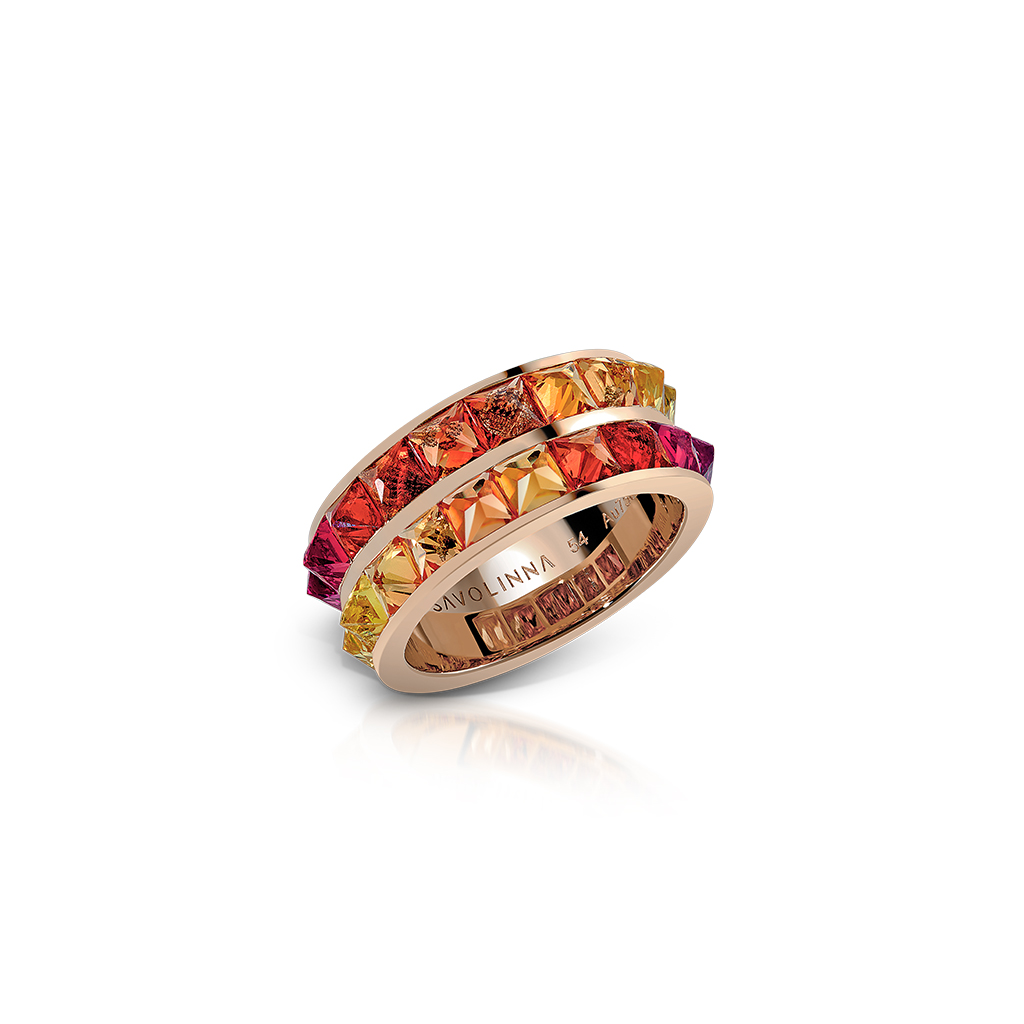 Double row eternity band featuring ombre sapphires in shades of orange, yellow, and purple set in a rose gold band.