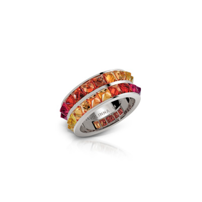 Double row eternity band featuring ombre sapphires in shades of orange and purple set in white gold.