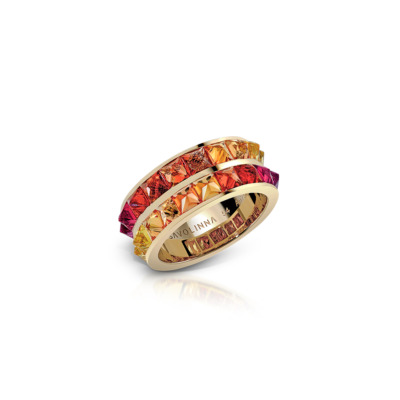 Double row eternity band featuring ombre sapphires in shades of orange and purple set in yellow gold.