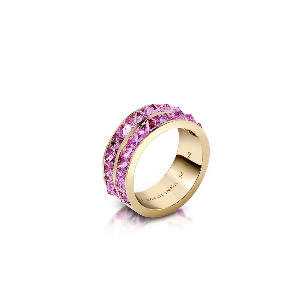 Gold band ring featuring two rows of pink sapphires arranged in a spike pattern.