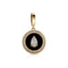 Pear-shaped solitaire diamond pendant set in gold with a black background and surrounded by a diamond-encrusted border.