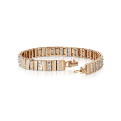 Rose gold bangle featuring alternating rectangular and diamond-shaped elements.