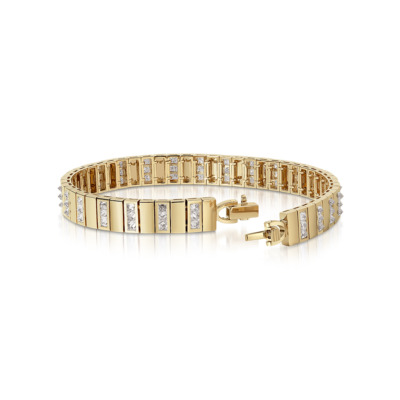 Gold bangle bracelet featuring alternating rectangular and diamond-shaped links.