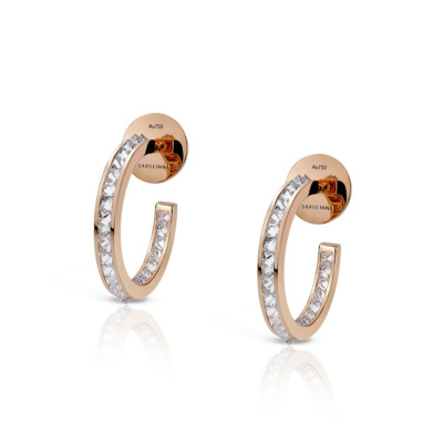 Single row hoop earrings featuring diamonds set in rose gold with a polished finish.