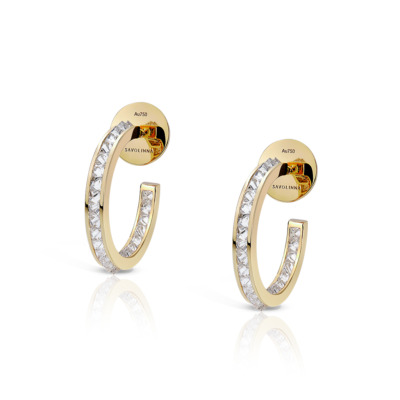 Gold hoop earrings featuring a single row of diamond accents along the front edge.