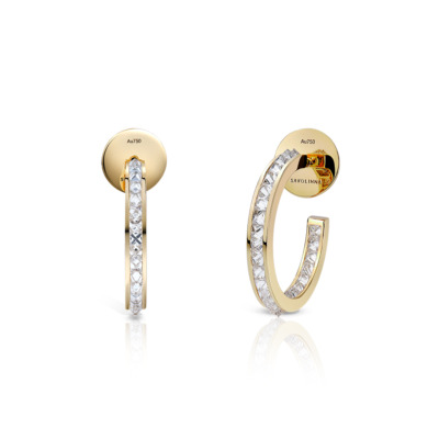 Single row hoop earrings made of yellow gold with diamond accents.