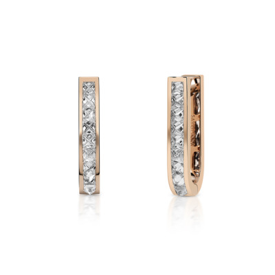 Large huggie earrings featuring a single row of diamonds set in rose gold.