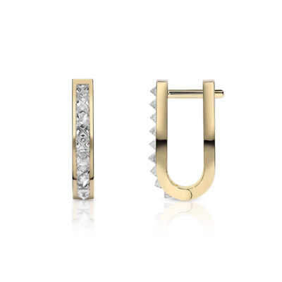 Large huggie earrings featuring a single row of diamonds set in yellow gold.