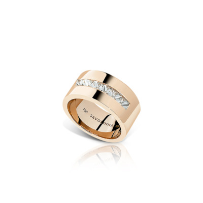 A single row diamond band ring made of rose gold with a polished finish.