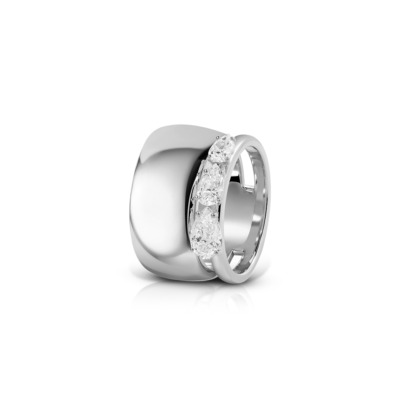 A silver ring featuring a smooth band and a row of three diamonds set in a curved design.