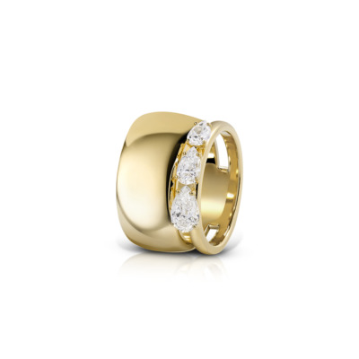 Gold ring featuring a smooth band and three pear-shaped diamonds set in a row.