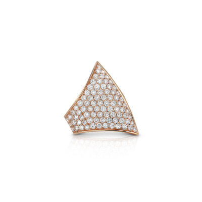 Gold ring with a triangular design featuring multiple small diamonds set in a patterned arrangement.