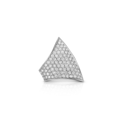Diamond ring with a unique triangular design featuring multiple small diamonds set in a silver band.