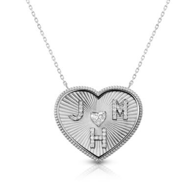 Heart-shaped pendant featuring three letters J, M, and H with a diamond accent, crafted in white gold.