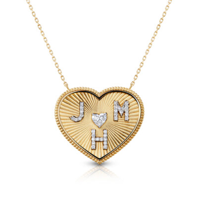 Gold heart-shaped pendant featuring three initials J, M, H and a diamond, set on a delicate chain, perfect for personalized jewelry.