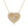 Large heart-shaped gold necklace with diamond frame and letter A, featuring a textured design and elegant chain.