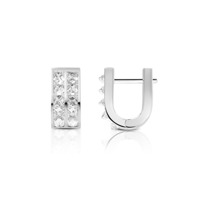 Silver mini huggie earrings featuring a double row of diamonds in a sleek design.