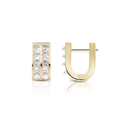 Gold mini huggie earrings featuring double rows of diamonds in a modern design.