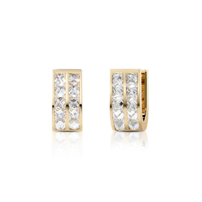 Gold mini huggie earrings featuring a double row of clear diamonds set in a rectangular design.