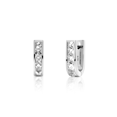 Silver mini huggie earrings featuring a single row of diamonds in a sleek design.