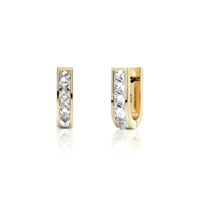 Gold mini huggie earrings featuring a single row of diamonds set in a sleek design.
