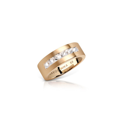 Gold slim band ring featuring a single row of diamonds set in a channel.
