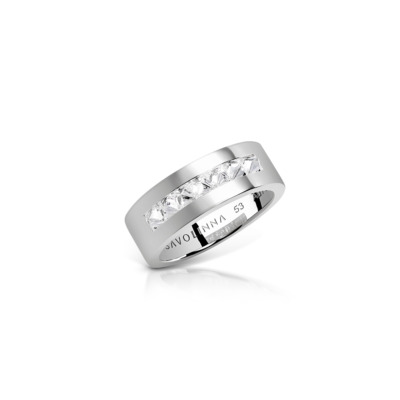 Slim band ring featuring a single row of diamonds set in white gold.