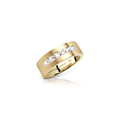 Gold ring featuring a single row of diamonds set in a slim band design.