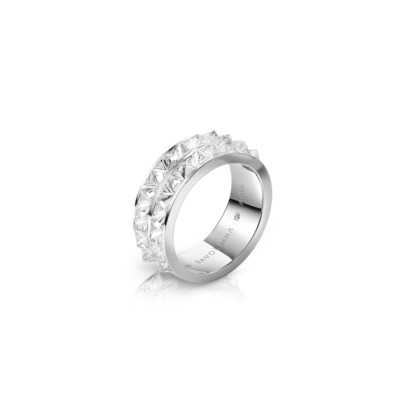 Double row band ring featuring diamond accents set in white gold.