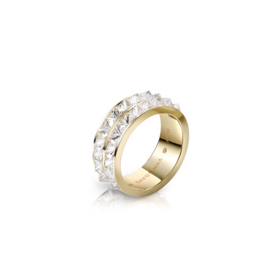 Double row band ring featuring diamond accents set in yellow gold.