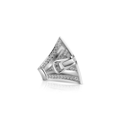 Gold ring with a unique design featuring multiple rows of small stones and a buckle-like element.