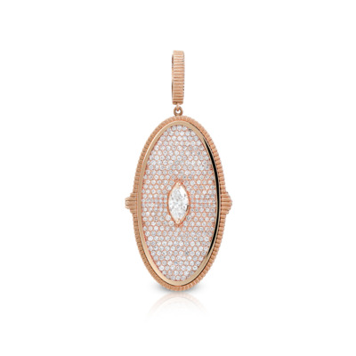Rose gold lock pendant featuring a pave design with a marquise-cut stone, elegant jewelry piece for various occasions.