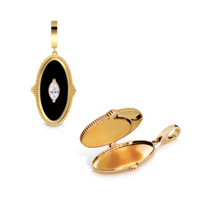 Gold marquise solitaire locket pendant featuring a black enamel surface and a central diamond, showcasing elegance and craftsmanship.