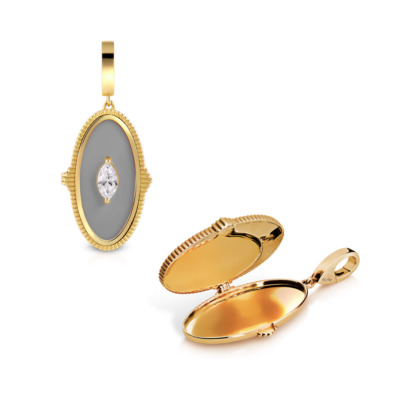 Gold marquise solitaire locket pendant featuring a diamond, with a gray stone and an openable design for personal keepsakes.