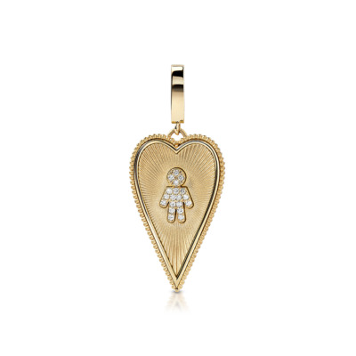 Gold elongated heart charm featuring a boy figure with diamond accents in the center.
