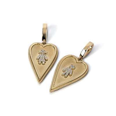 Gold elongated heart charm pendant featuring a hand design and diamond accents.