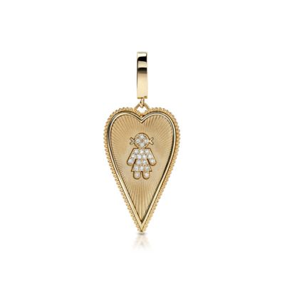 Gold elongated heart charm featuring a girl design with diamond accents.