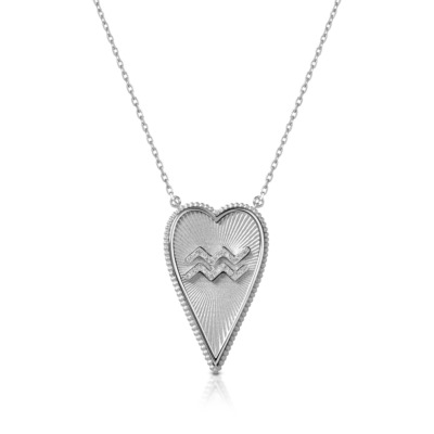 Elongated heart necklace featuring Aquarius symbol in white gold, perfect for astrology enthusiasts and jewelry lovers.