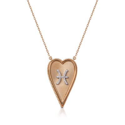 Gold elongated heart necklace featuring a Pisces symbol adorned with sparkling accents, perfect for astrology enthusiasts.