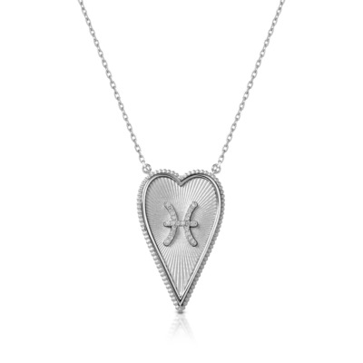 A2Z elongated heart necklace featuring a Pisces symbol, crafted in white gold with intricate detailing and a polished finish.