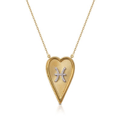 Gold elongated heart necklace featuring a Pisces symbol adorned with diamonds, perfect for astrology enthusiasts and jewelry lovers.