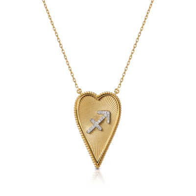 Gold elongated heart necklace featuring Sagittarius symbol in silver with diamond accents, perfect for astrology lovers and jewelry enthusiasts.
