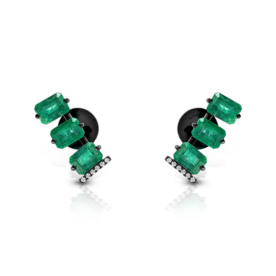 Emerald stud earrings featuring three rectangular stones set in a row with small accents.
