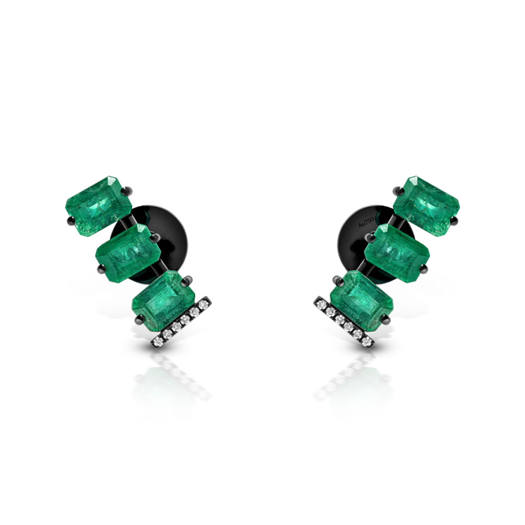 Emerald stud earrings featuring three rectangular stones set in a row with small accents.