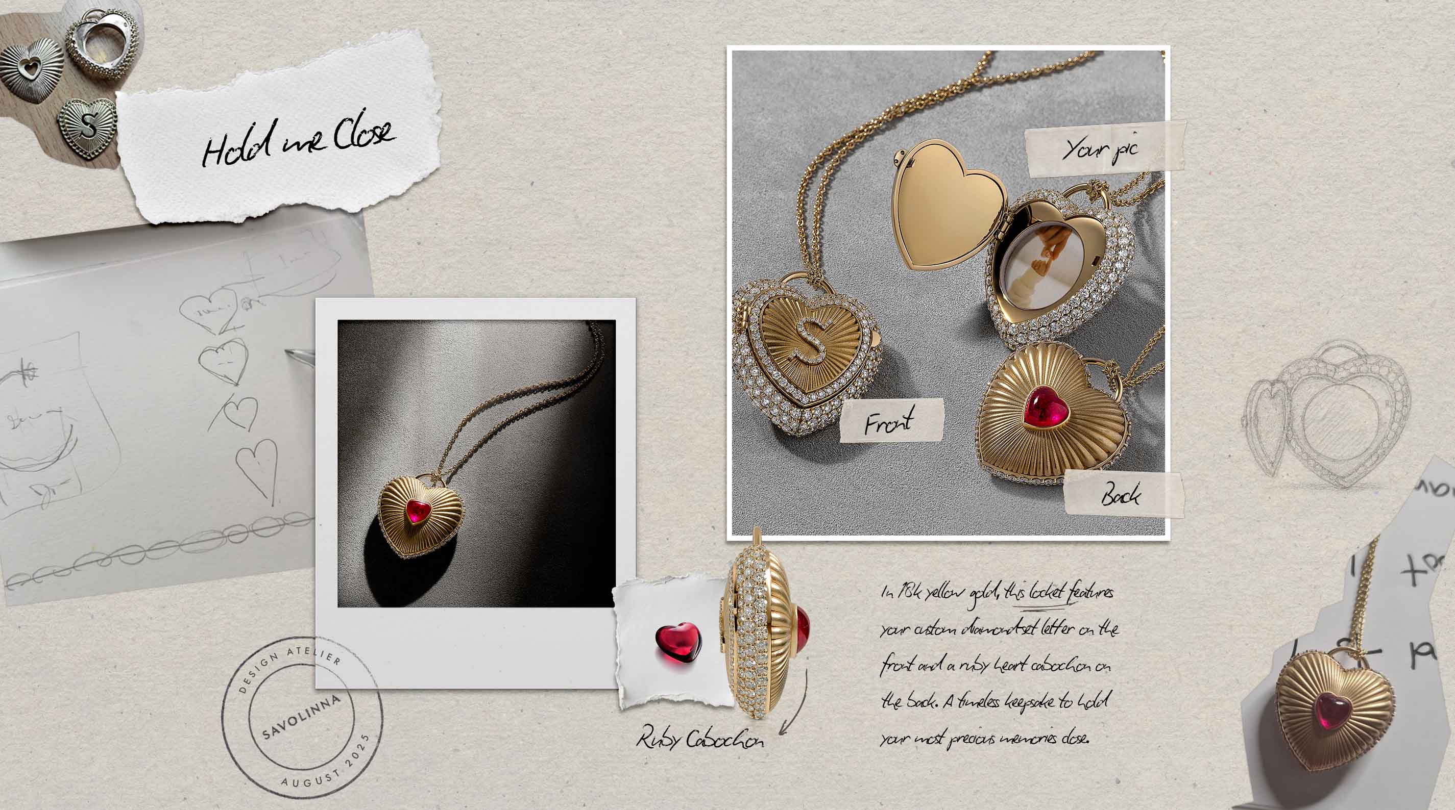 Two gold heart-shaped necklaces with red accents displayed on a light background.