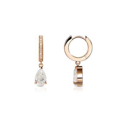 Rose gold drop earrings featuring pear-shaped diamonds and a small circular hoop.