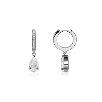 Silver hoop earrings featuring a pear-shaped diamond drop and a row of smaller diamonds on the hoop.