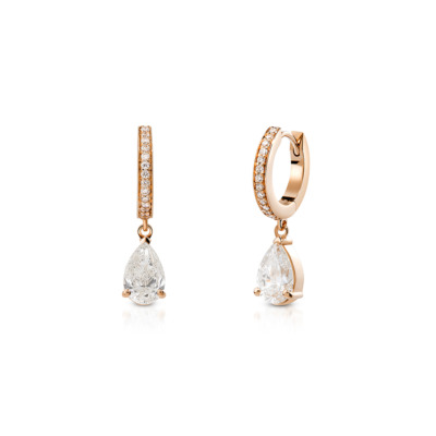 Rose gold drop earrings featuring pear-shaped diamonds and small round diamonds on the hoop.