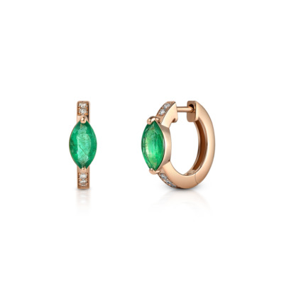 Pair of huggie earrings featuring emerald marquise stones and small diamonds set in gold.